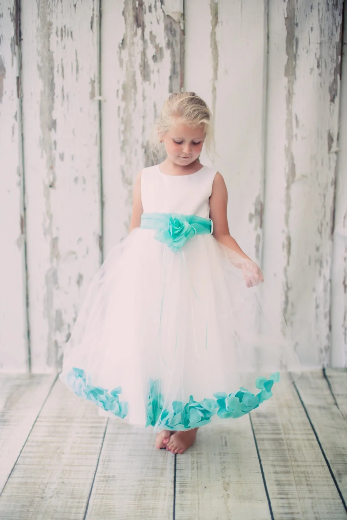 160B[SASH] White Satin Flower Petal Girl Dress with Organza Sash (2 of 2)