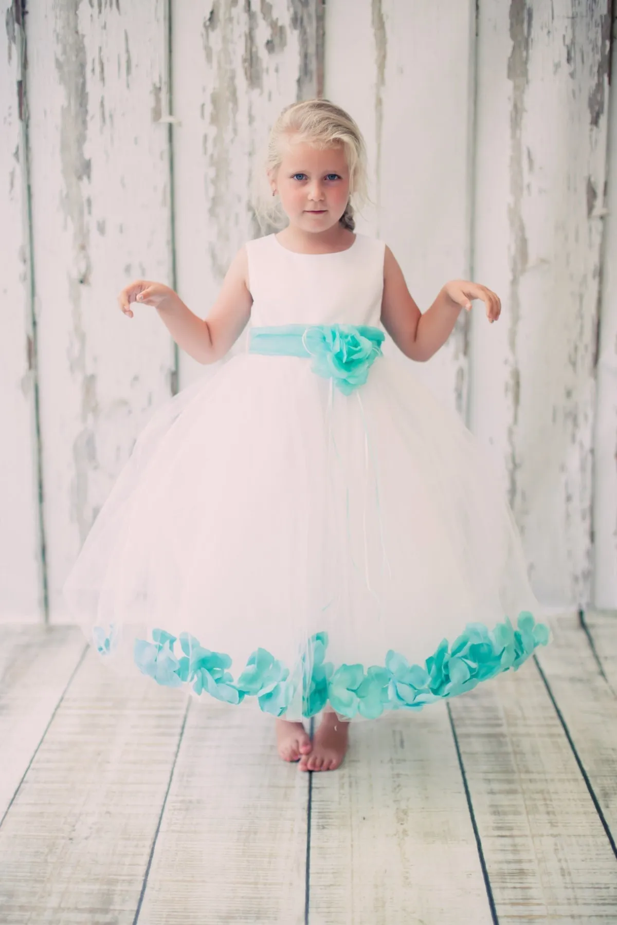 160B[SASH] White Satin Flower Petal Girl Dress with Organza Sash (2 of 2)