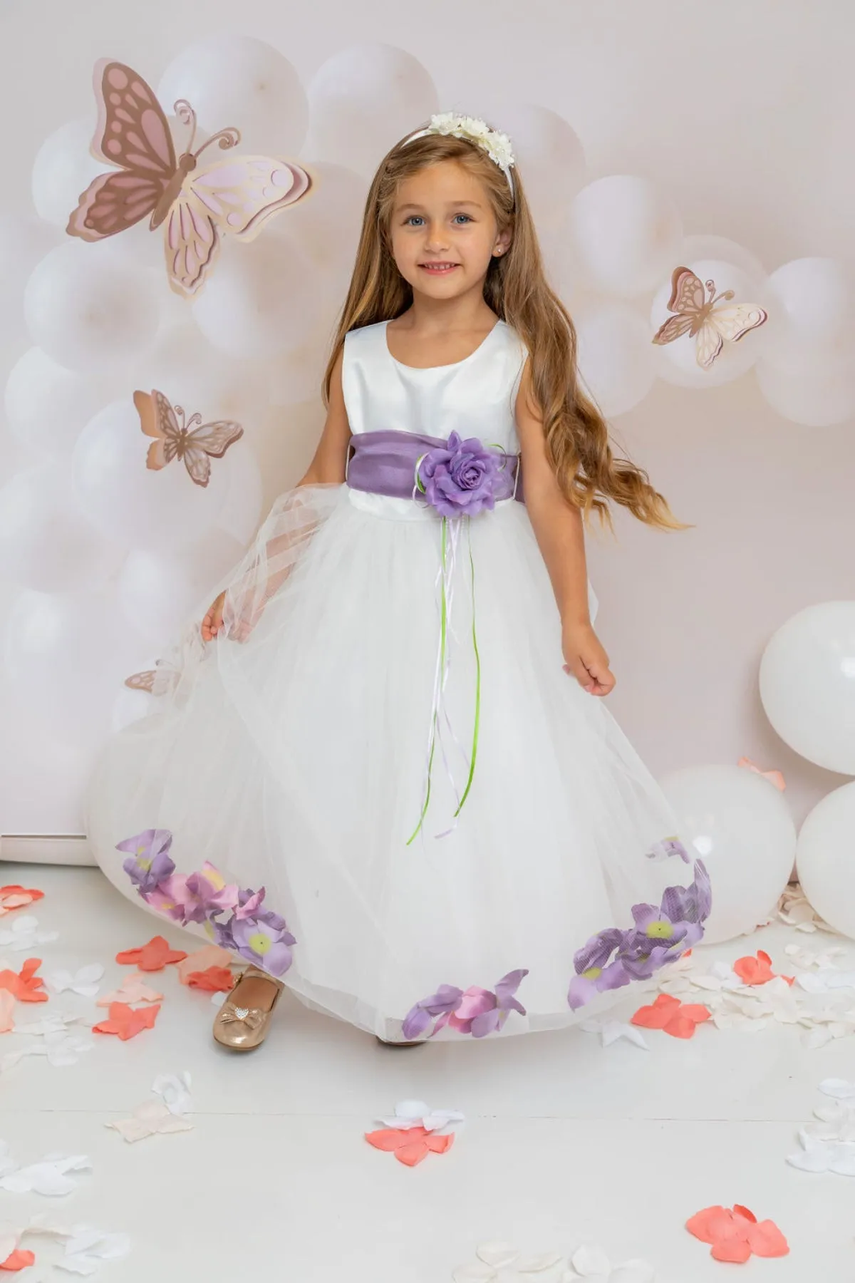 160B[SASH] White Satin Flower Petal Girl Dress with Organza Sash (2 of 2)