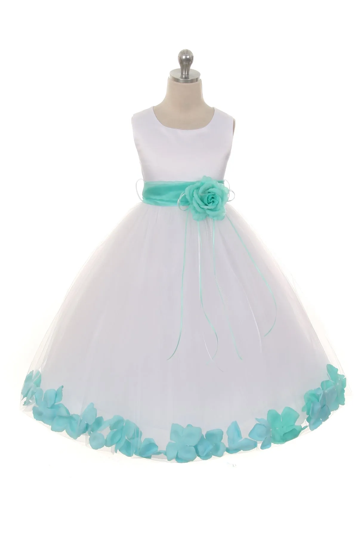 160B[SASH] White Satin Flower Petal Girl Dress with Organza Sash (2 of 2)