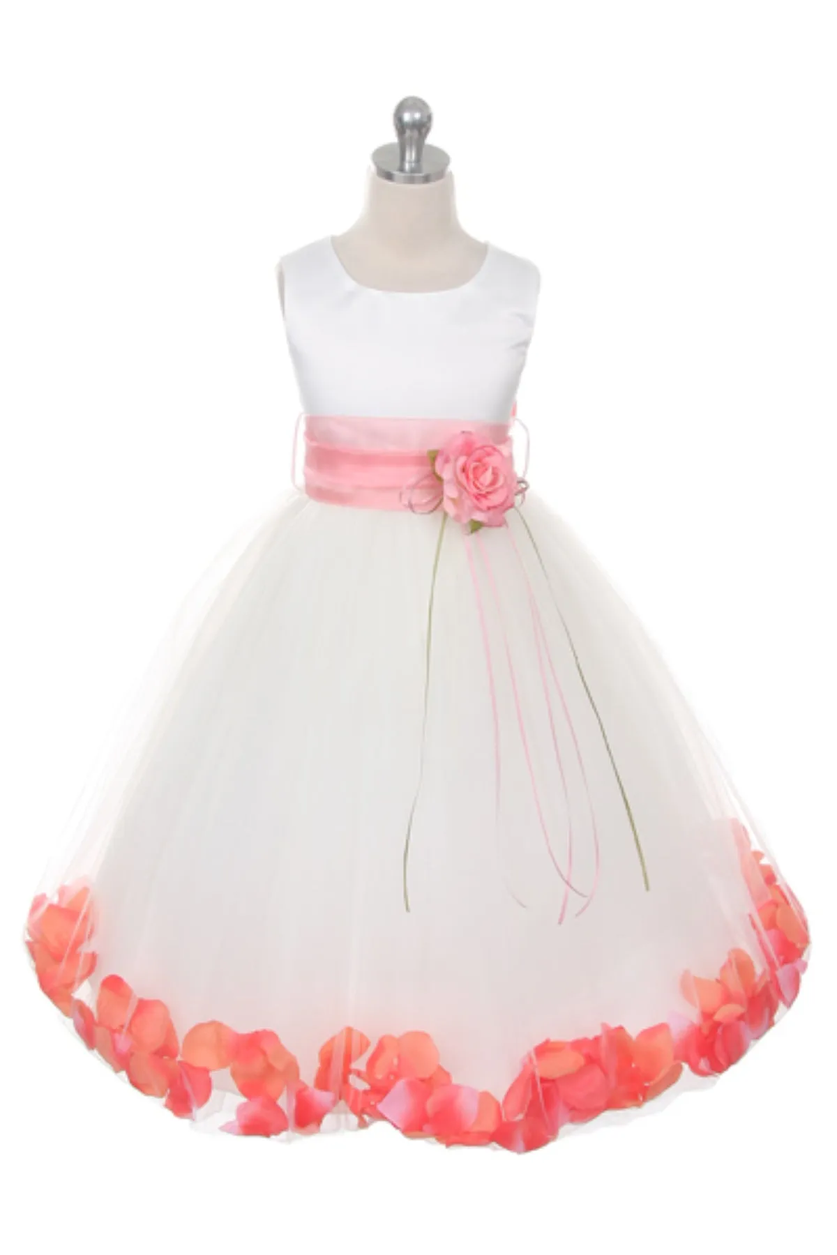 160B[SASH] White Satin Flower Petal Girl Dress with Organza Sash (2 of 2)