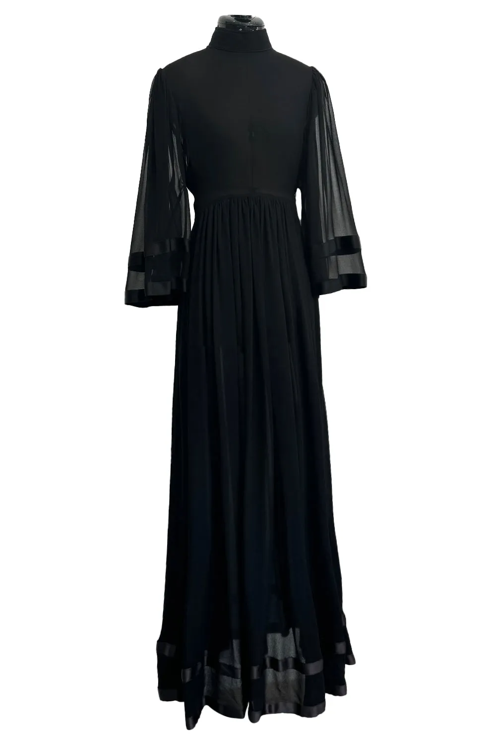 1969 Thea Porter Silk Chiffon Faye Dress w Wide Ribbon Edged Sleeves