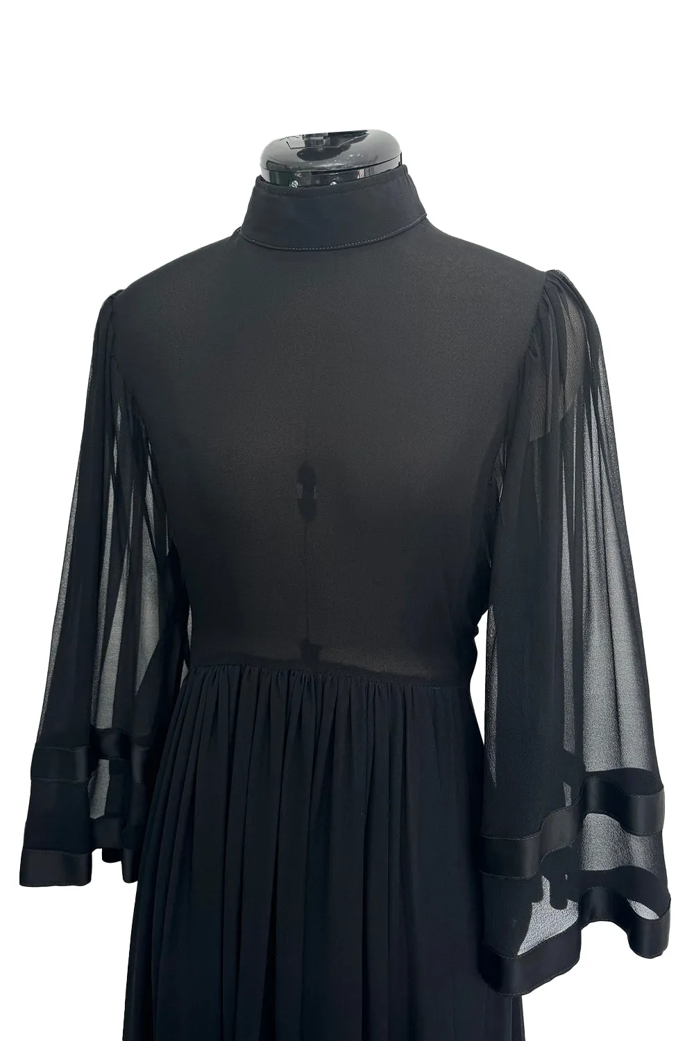 1969 Thea Porter Silk Chiffon Faye Dress w Wide Ribbon Edged Sleeves