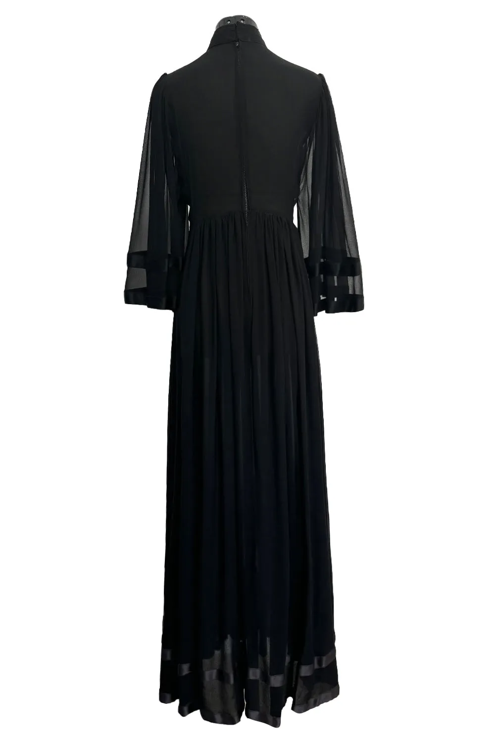 1969 Thea Porter Silk Chiffon Faye Dress w Wide Ribbon Edged Sleeves