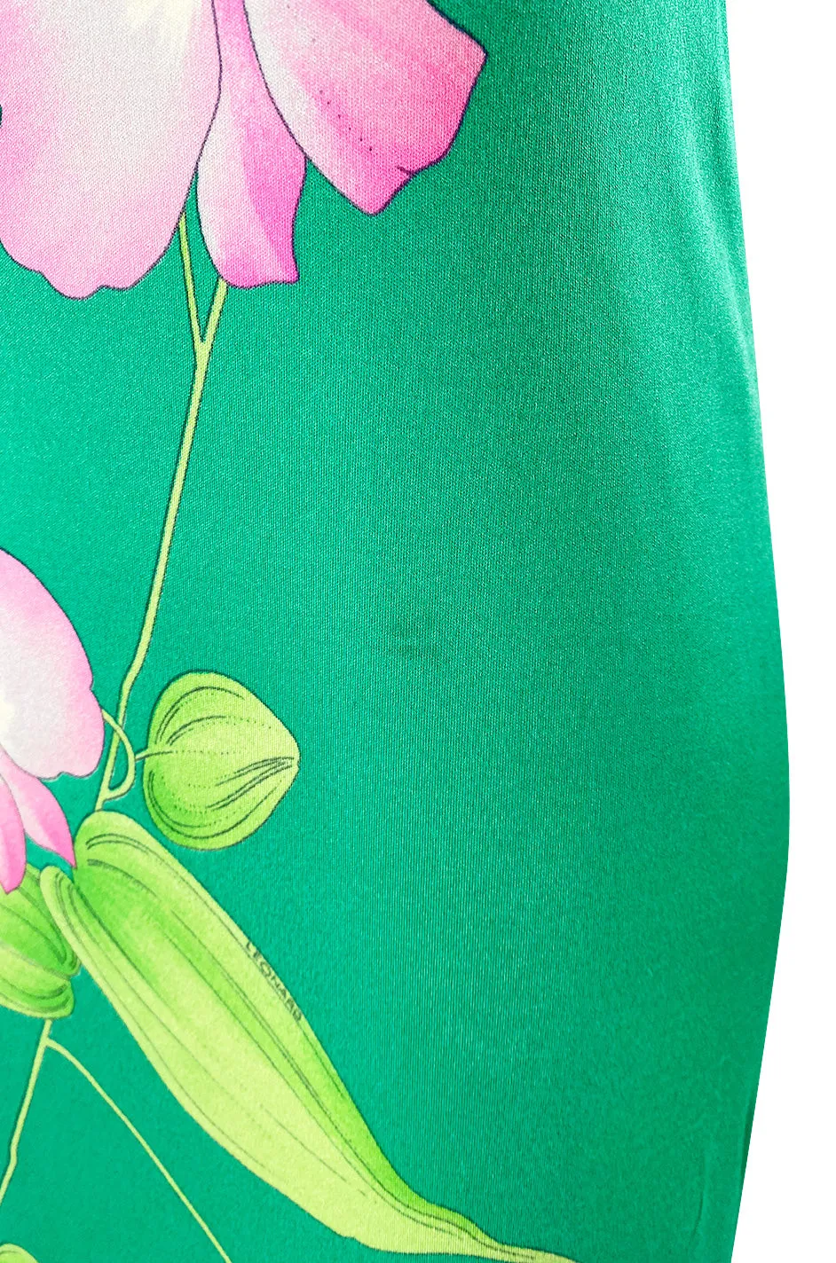 1970s Leonard Paris Green Floral Print Silk Jersey Halter Dress