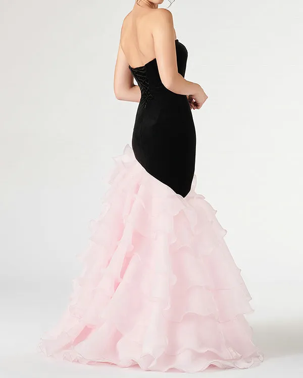 2019 Sexy Black Velvet Mermaid Prom Dresses with Ruffles Organza Prom Party Gowns