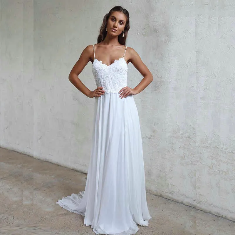 2019 Summer Beach Wedding Dresses Lace Appliques White Chiffon A-line Bridal Gowns