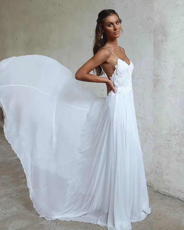 2019 Summer Beach Wedding Dresses Lace Appliques White Chiffon A-line Bridal Gowns