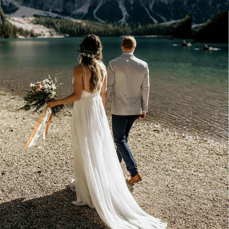 2019 Summer Beach Wedding Dresses Lace Appliques White Chiffon A-line Bridal Gowns
