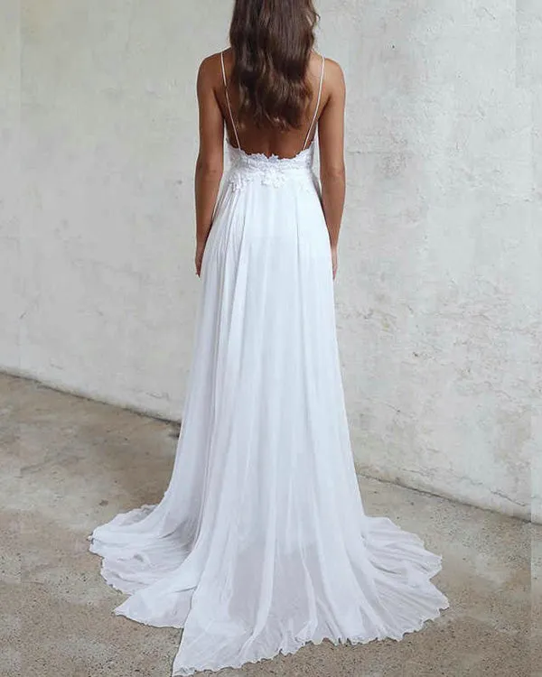 2019 Summer Beach Wedding Dresses Lace Appliques White Chiffon A-line Bridal Gowns