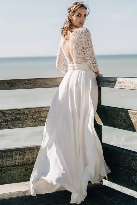 2020 Lace Chiffon Boho Wedding Dresses with Sleeves