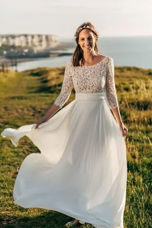 2020 Lace Chiffon Boho Wedding Dresses with Sleeves