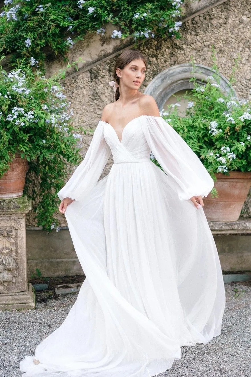 2021 Summer Wedding Dresses with Chiffon Long Sleeves