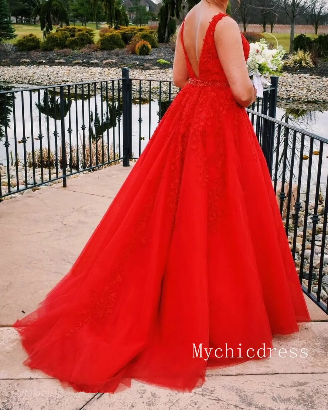 2025 Red Lace Prom Dresses Beading Belt A Line Tulle Evening Dress