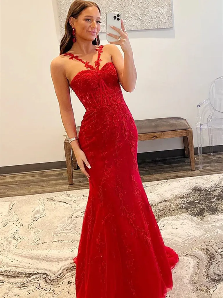 2025 Red Lace Prom Dresses Mermaid Sleeveless Formal Evening Dresses UK