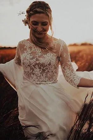 A-line 3/4 Sleeves See-through Bodice Wedding Dresses, Bridal Gown, MW831