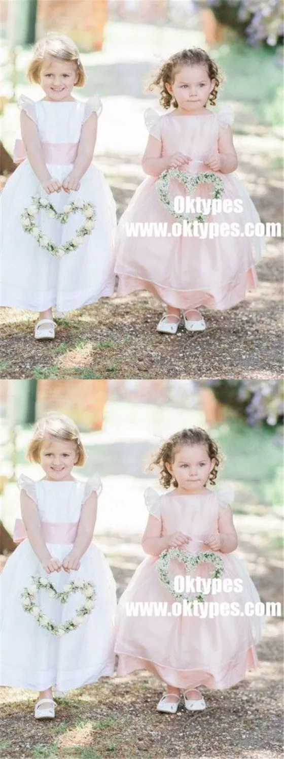 A-Line Bateau Long Pink Organza Flower Girl Dress with Sash, TYP0889
