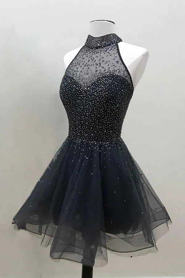 A Line Black Beaded High Neck Organza Sweet Homecoming Dresses, MH431