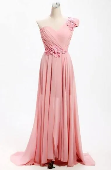 A-line One Shoulder Long Chiffon Bridesmaid Dress With Flowers TY0008