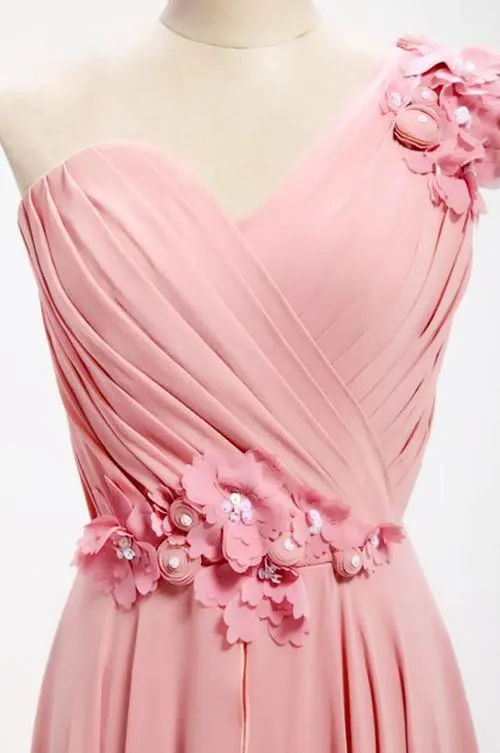 A-line One Shoulder Long Chiffon Bridesmaid Dress With Flowers TY0008