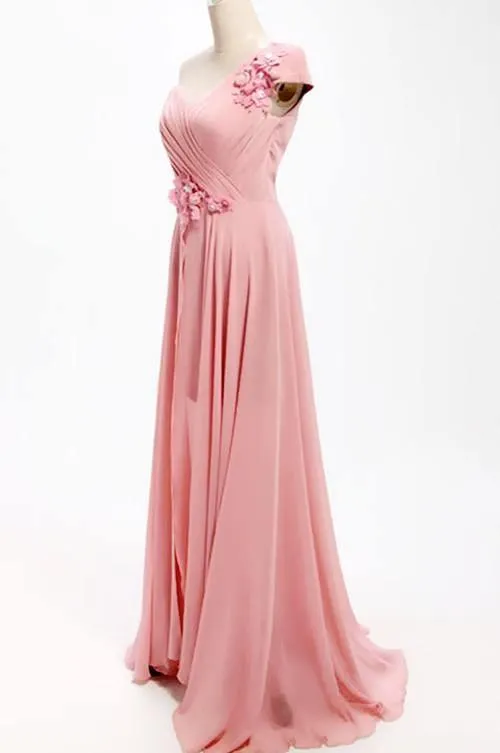 A-line One Shoulder Long Chiffon Bridesmaid Dress With Flowers TY0008