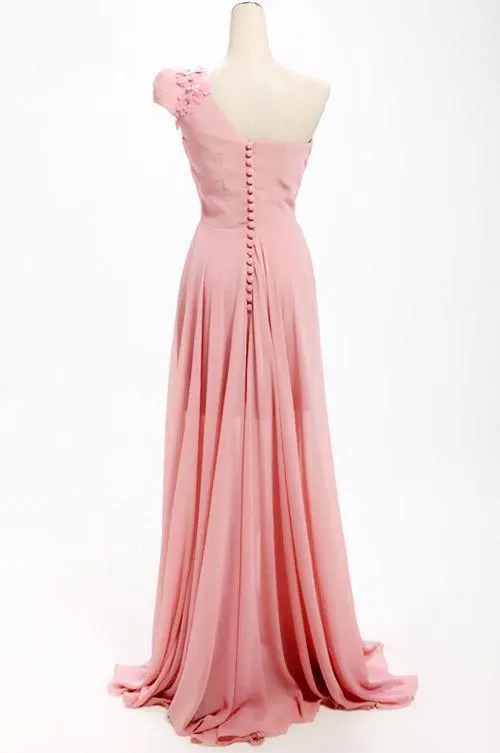 A-line One Shoulder Long Chiffon Bridesmaid Dress With Flowers TY0008