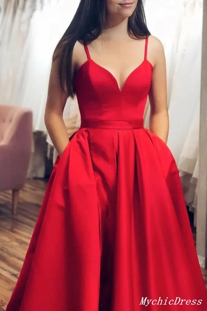 A Line Red Satin Prom Dresses 2025 Spaghetti Straps V Neck Long Evening Gown