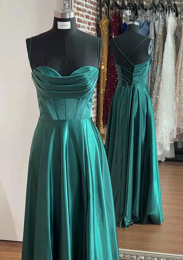 A-line Silk like Emerald Green Satin Prom Dresses 2025 Ruched Pleated