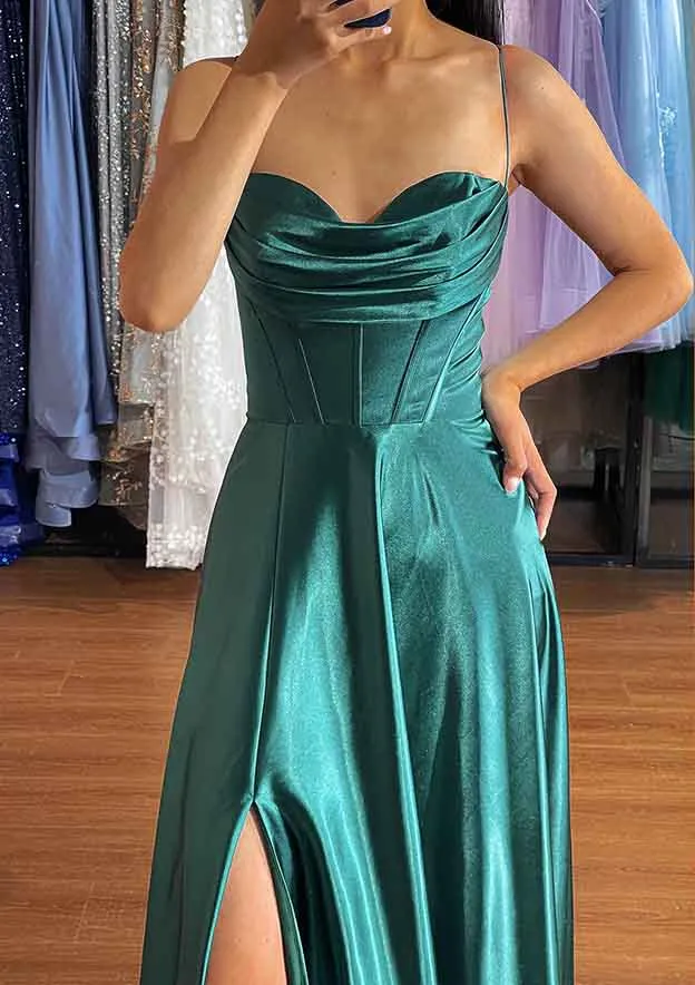 A-line Silk like Emerald Green Satin Prom Dresses 2025 Ruched Pleated