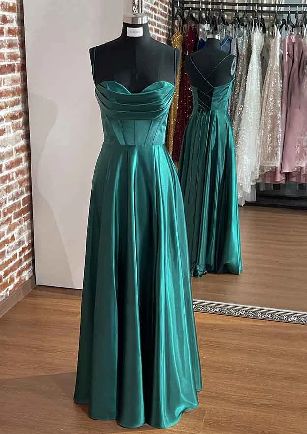 A-line Silk like Emerald Green Satin Prom Dresses 2025 Ruched Pleated