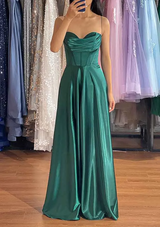 A-line Silk like Emerald Green Satin Prom Dresses 2025 Ruched Pleated