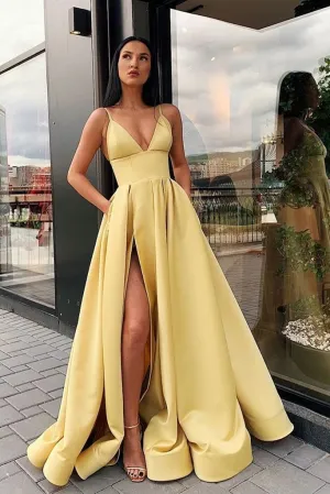 A Line Spaghetti Straps V Neck Yellow Prom Dresses with Pockets High Slit Satin Formal Dress P1131