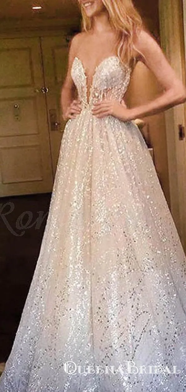 A-Line Sweetheart Long Sequins White Lace Prom Dresses with Illusion Back, QB0662