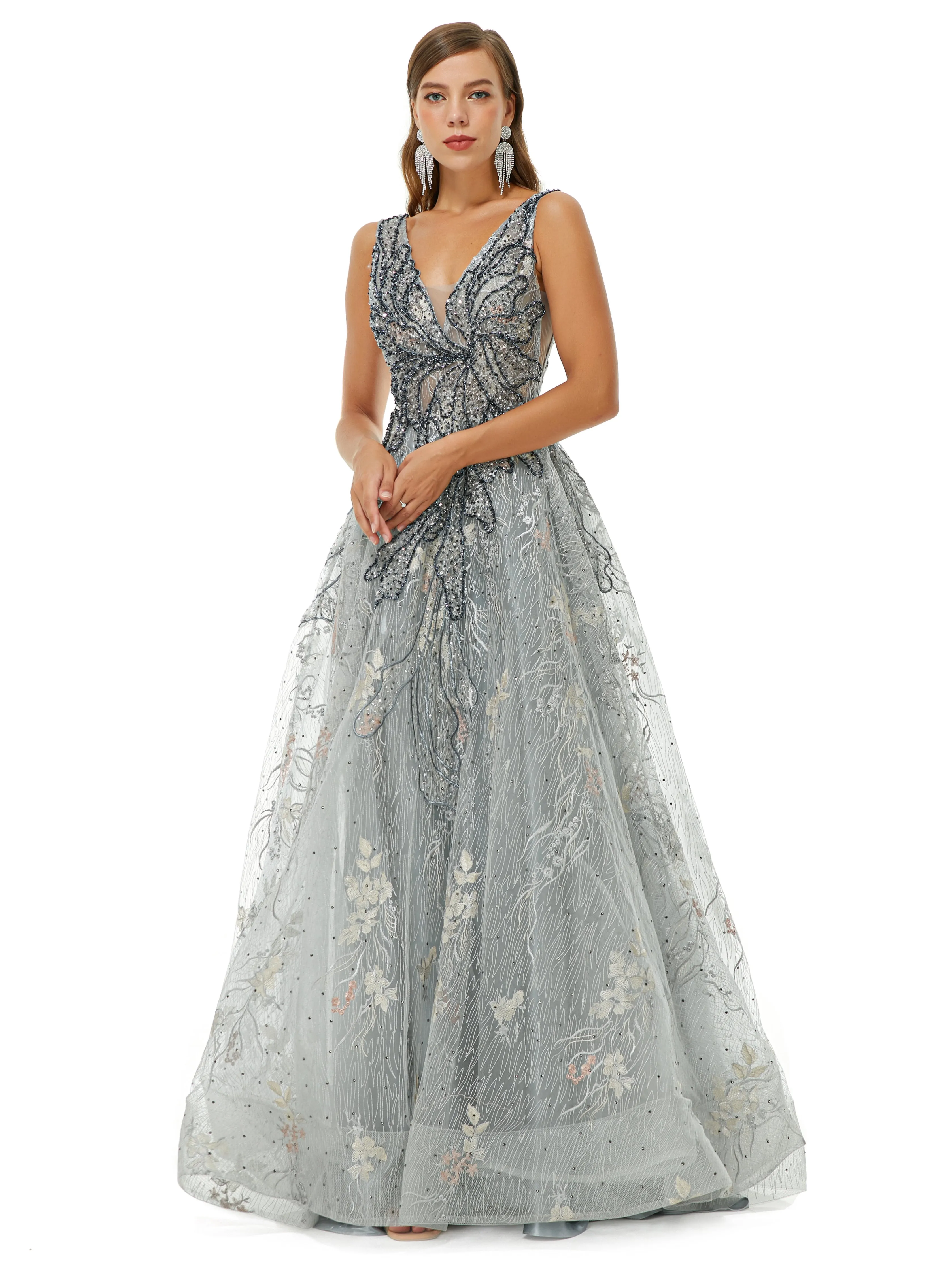 A-line V-neck Strap Lace Sequined Beaded Open Back Floor-length Prom Dress