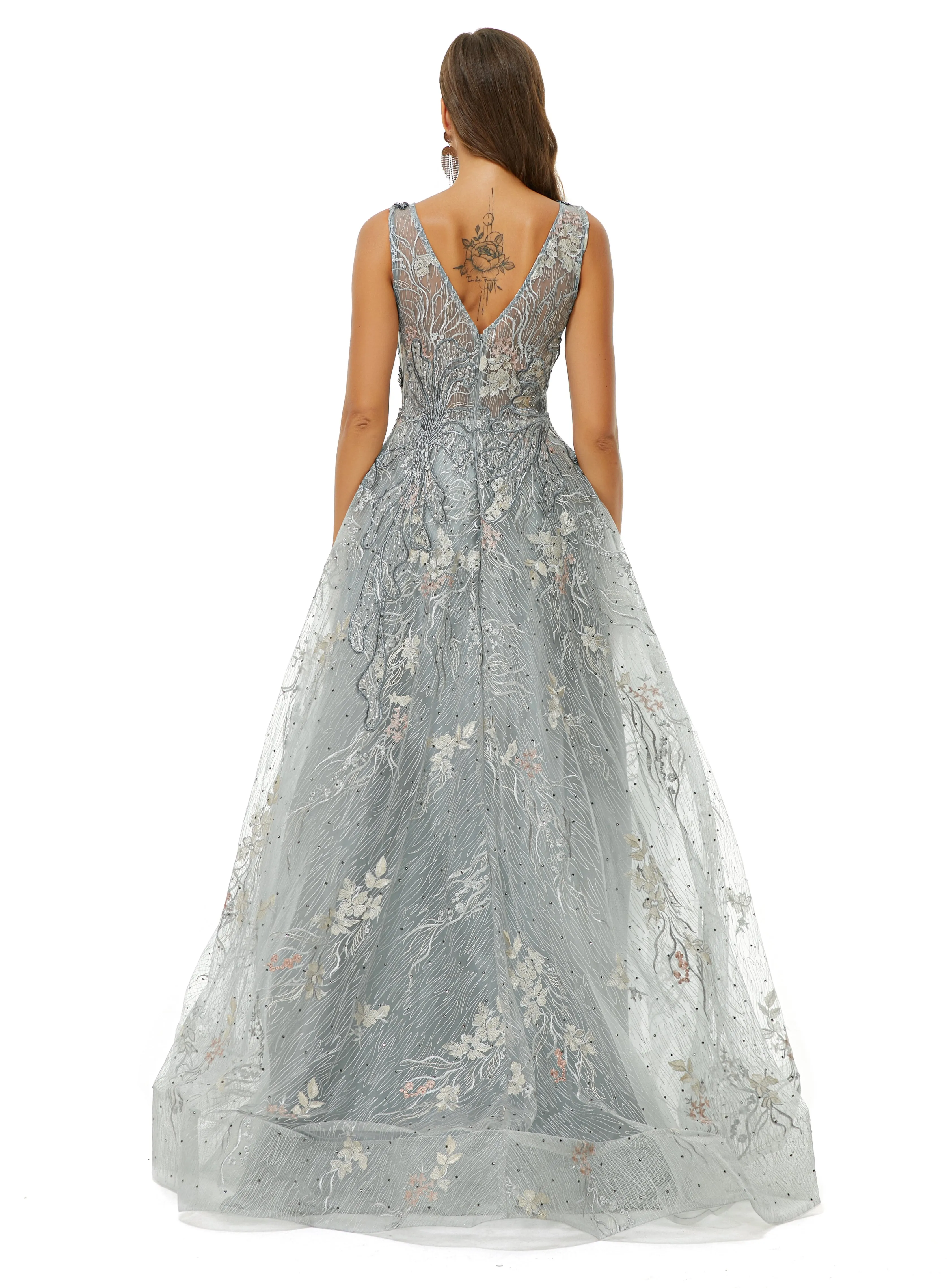 A-line V-neck Strap Lace Sequined Beaded Open Back Floor-length Prom Dress