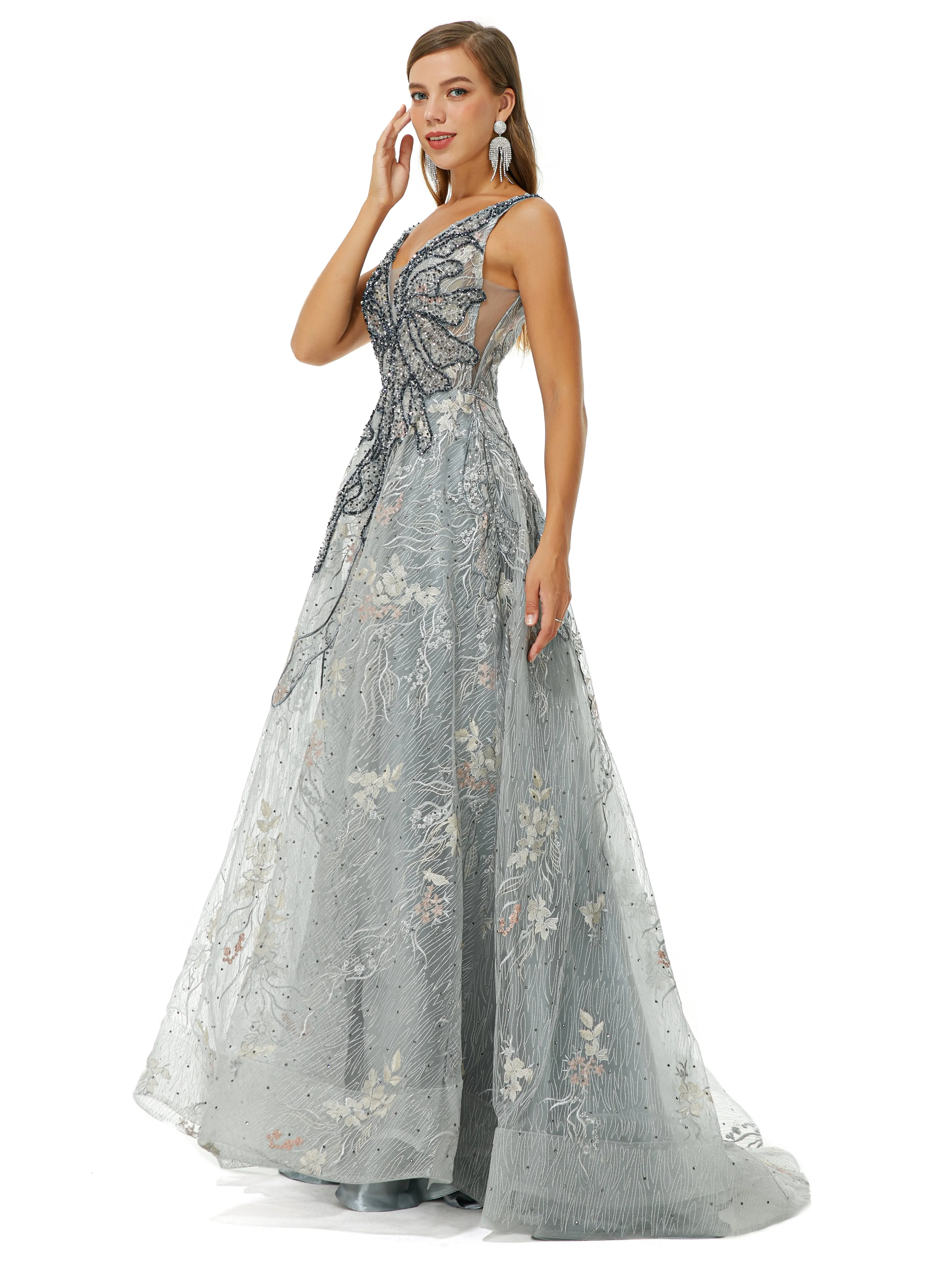 A-line V-neck Strap Lace Sequined Beaded Open Back Floor-length Prom Dress
