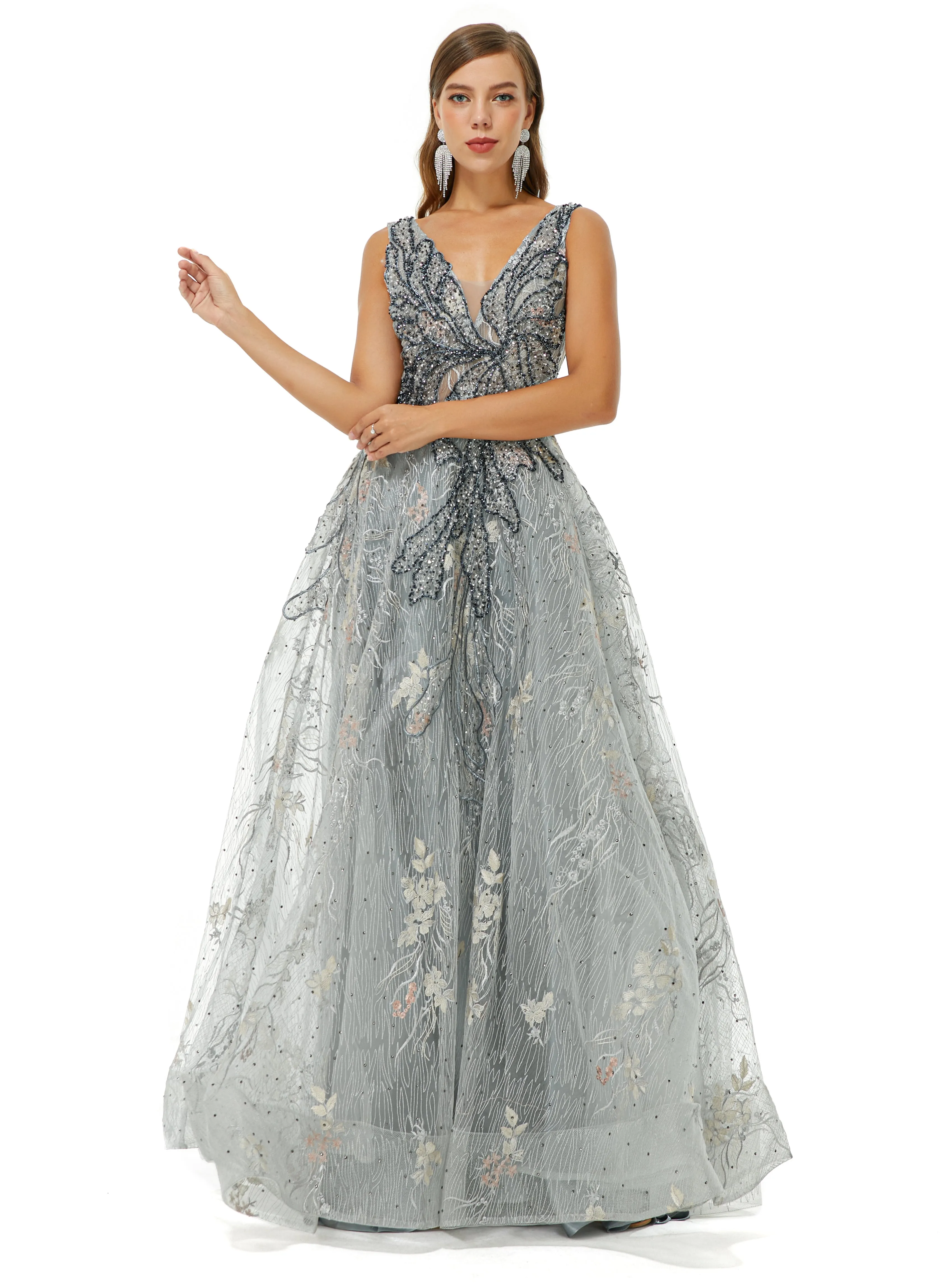 A-line V-neck Strap Lace Sequined Beaded Open Back Floor-length Prom Dress