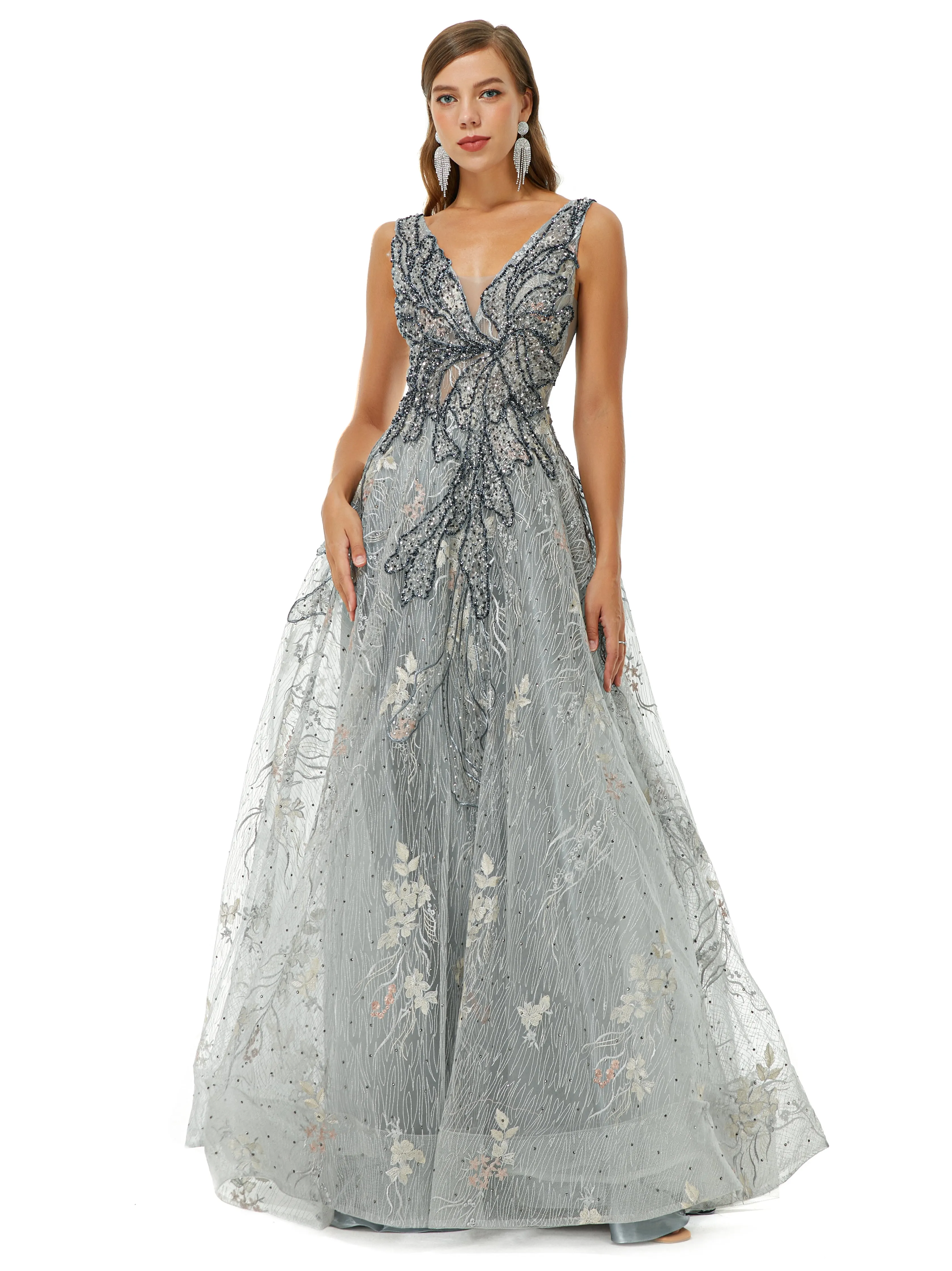 A-line V-neck Strap Lace Sequined Beaded Open Back Floor-length Prom Dress