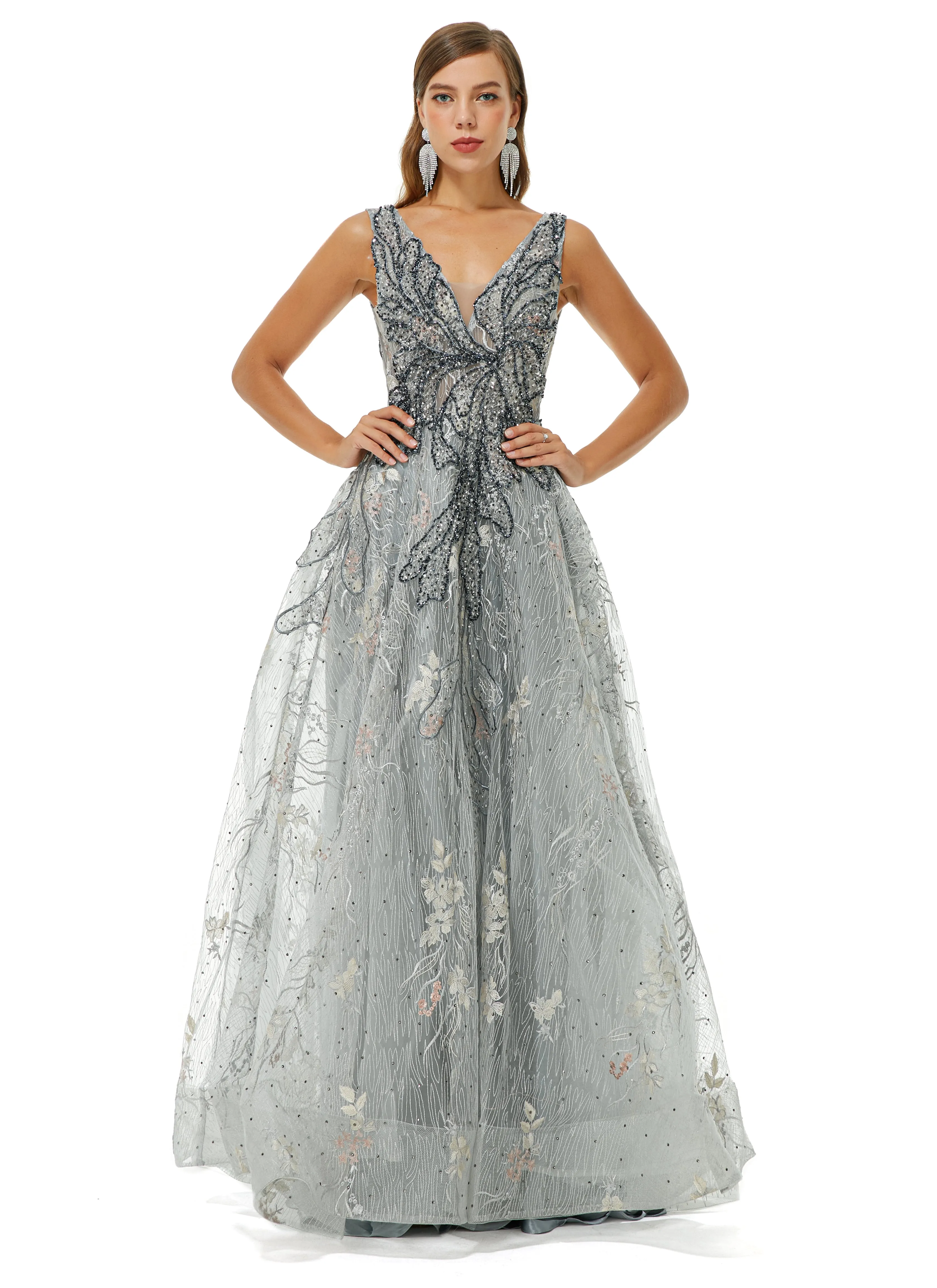 A-line V-neck Strap Lace Sequined Beaded Open Back Floor-length Prom Dress