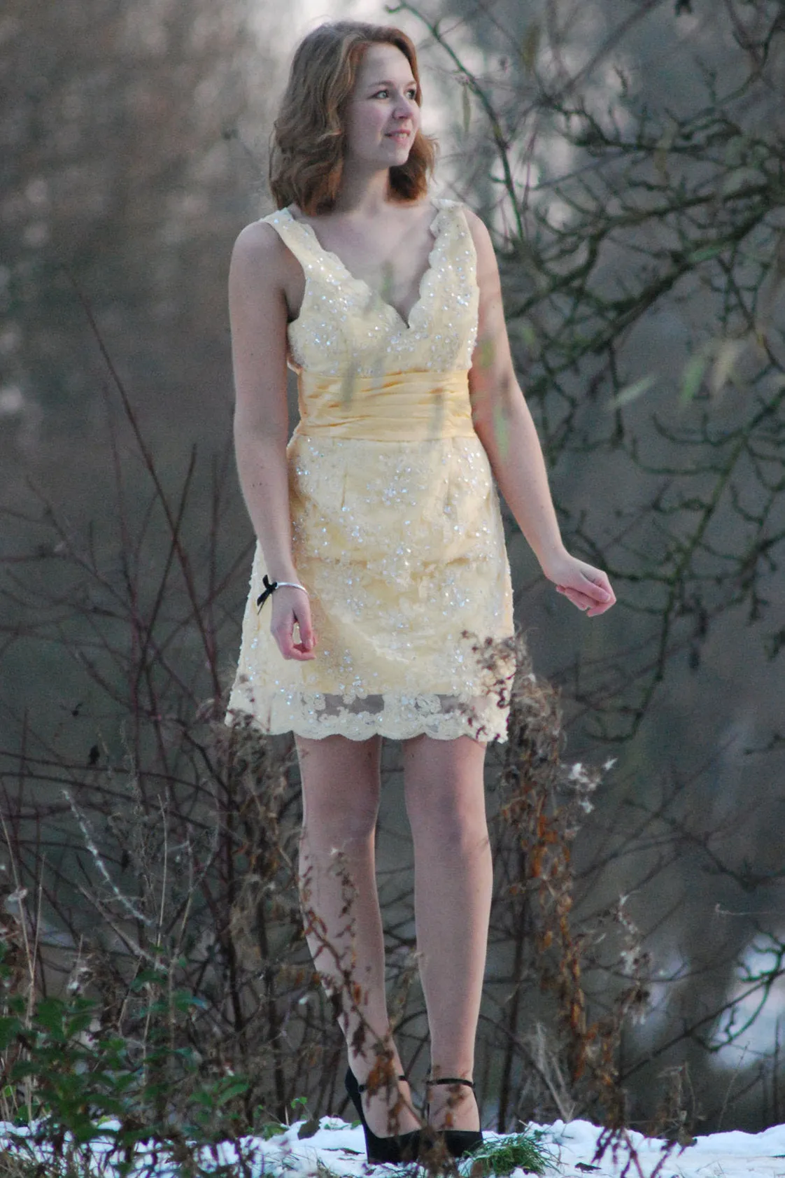 A-line V-neck Wide Strap Knee Length Organza Lace Rhinestone Prom Dress