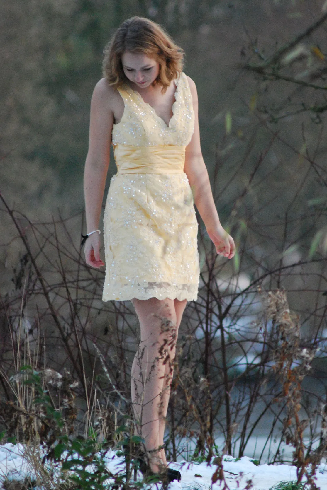 A-line V-neck Wide Strap Knee Length Organza Lace Rhinestone Prom Dress