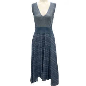 Akris Blue / Silver Metallic Shimmer Silk Knit and Silk Chiffon Dress