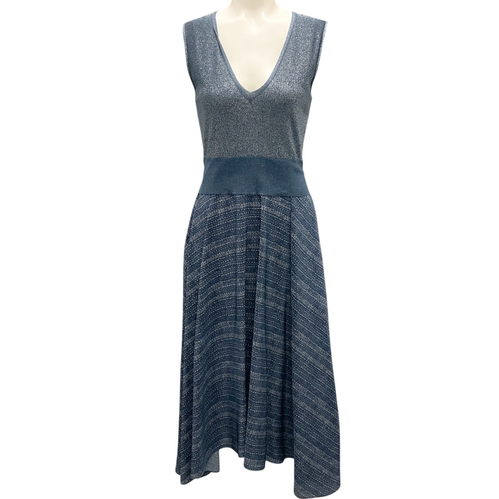 Akris Blue / Silver Metallic Shimmer Silk Knit and Silk Chiffon Dress