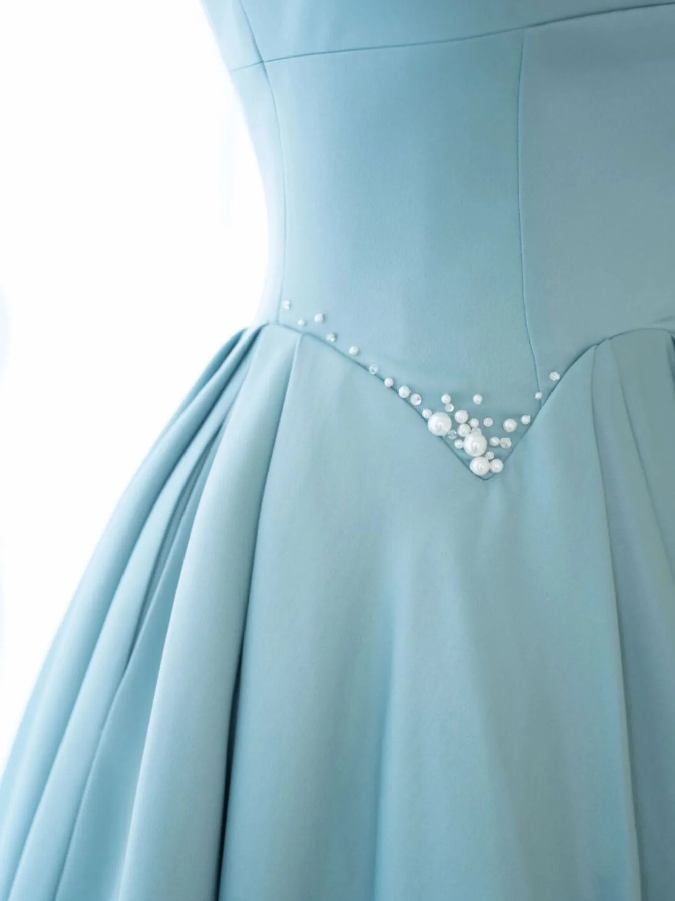 Aline satin beads long blue prom dress, blue bridesmaid dress