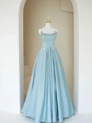 Aline satin beads long blue prom dress, blue bridesmaid dress
