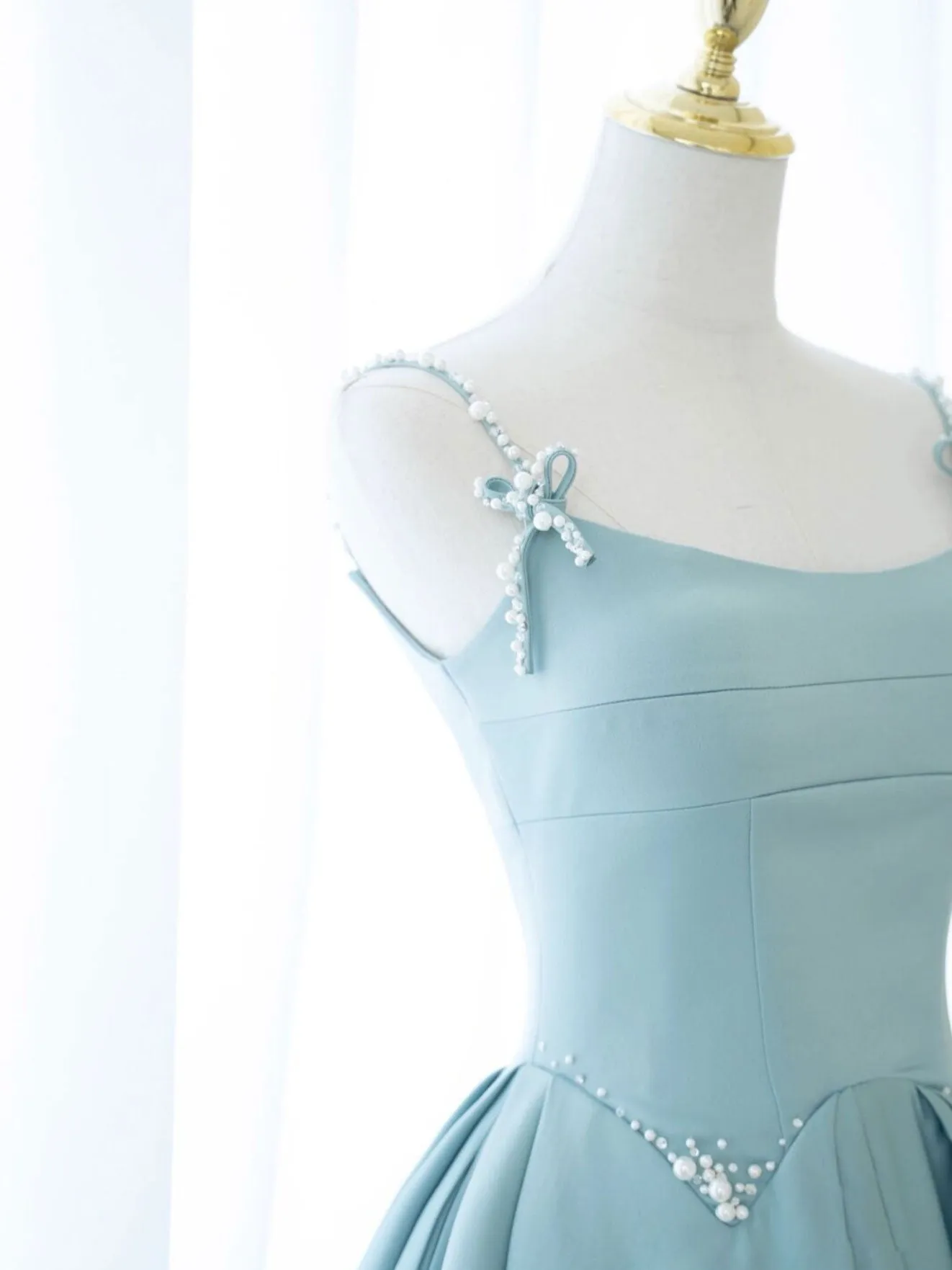 Aline satin beads long blue prom dress, blue bridesmaid dress