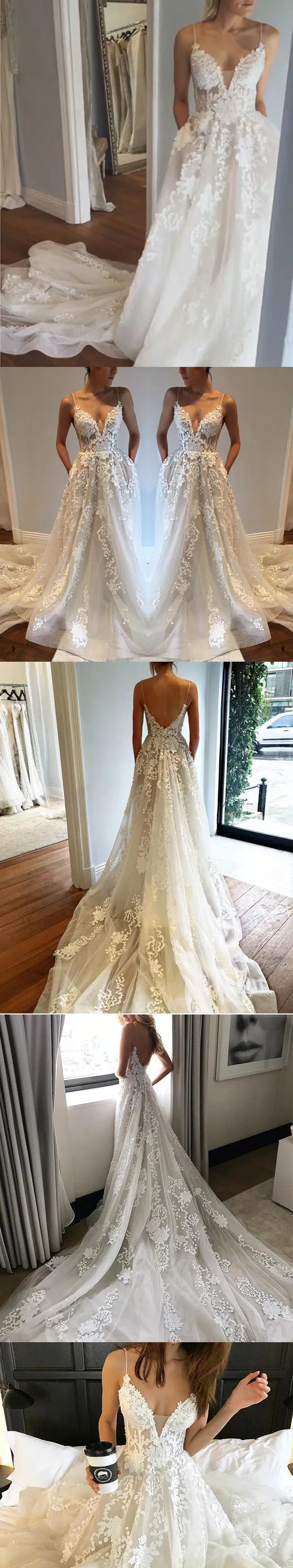 Applique Sexy Online V Neck Ivory Fashion Long Prom Wedding Dresses, BG51501