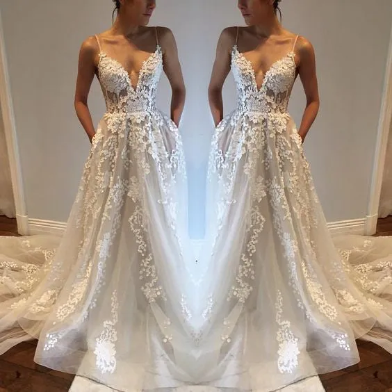 Applique Sexy Online V Neck Ivory Fashion Long Prom Wedding Dresses, BG51501