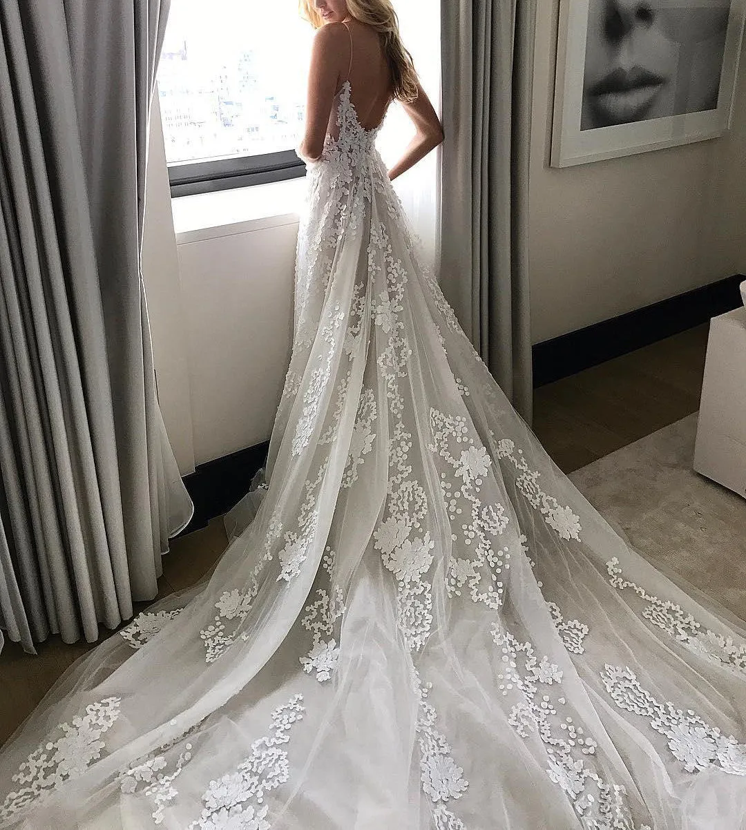 Applique Sexy Online V Neck Ivory Fashion Long Prom Wedding Dresses, BG51501