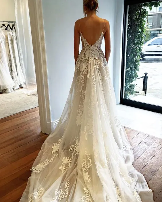 Applique Sexy Online V Neck Ivory Fashion Long Prom Wedding Dresses, BG51501